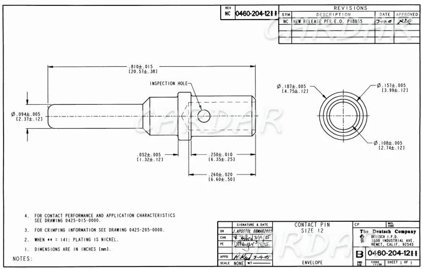 Deutsch DTP Stainless Steel Solid Pin 0462-203-12141 0460-204-12141 0460-220-1231 0462-210-1231 Gold Plated 14-12AWG