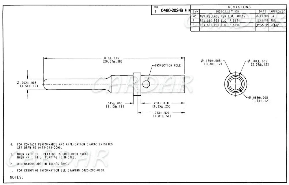 Deutsch DT Solid Pin 0462-201-16141 0460-215-16141 0460-202-1631 0460-215-1631 Stainless Steel Gold Plated Terminal