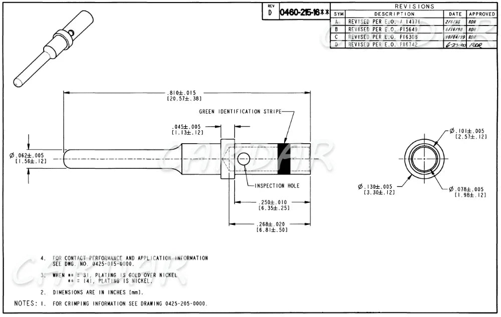 Deutsch DT Solid Pin 0462-201-16141 0460-215-16141 0460-202-1631 0460-215-1631 Stainless Steel Gold Plated Terminal