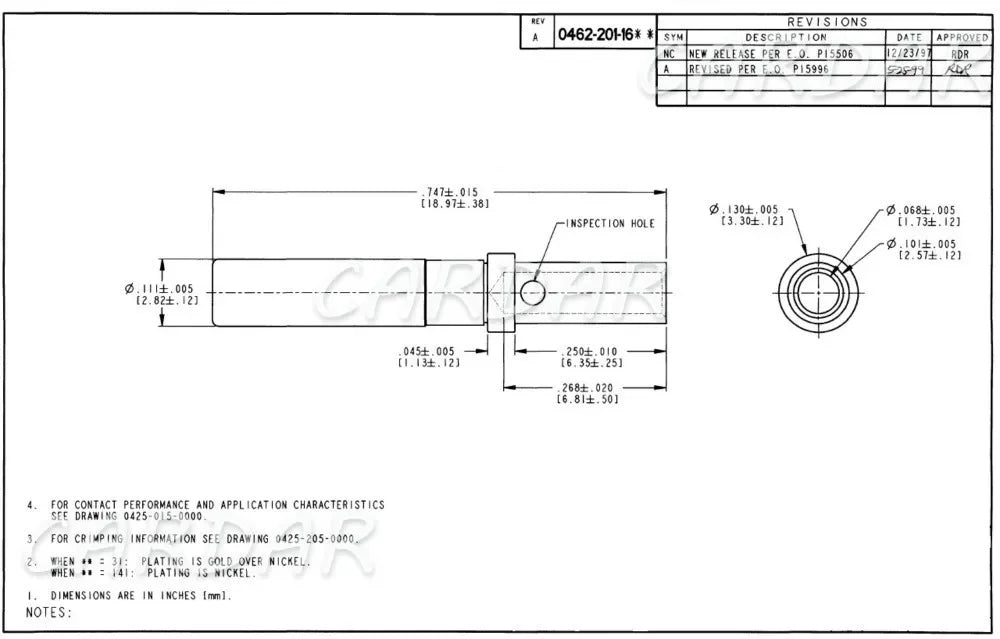 Deutsch DT Solid Pin 0462-201-16141 0460-215-16141 0460-202-1631 0460-215-1631 Stainless Steel Gold Plated Terminal