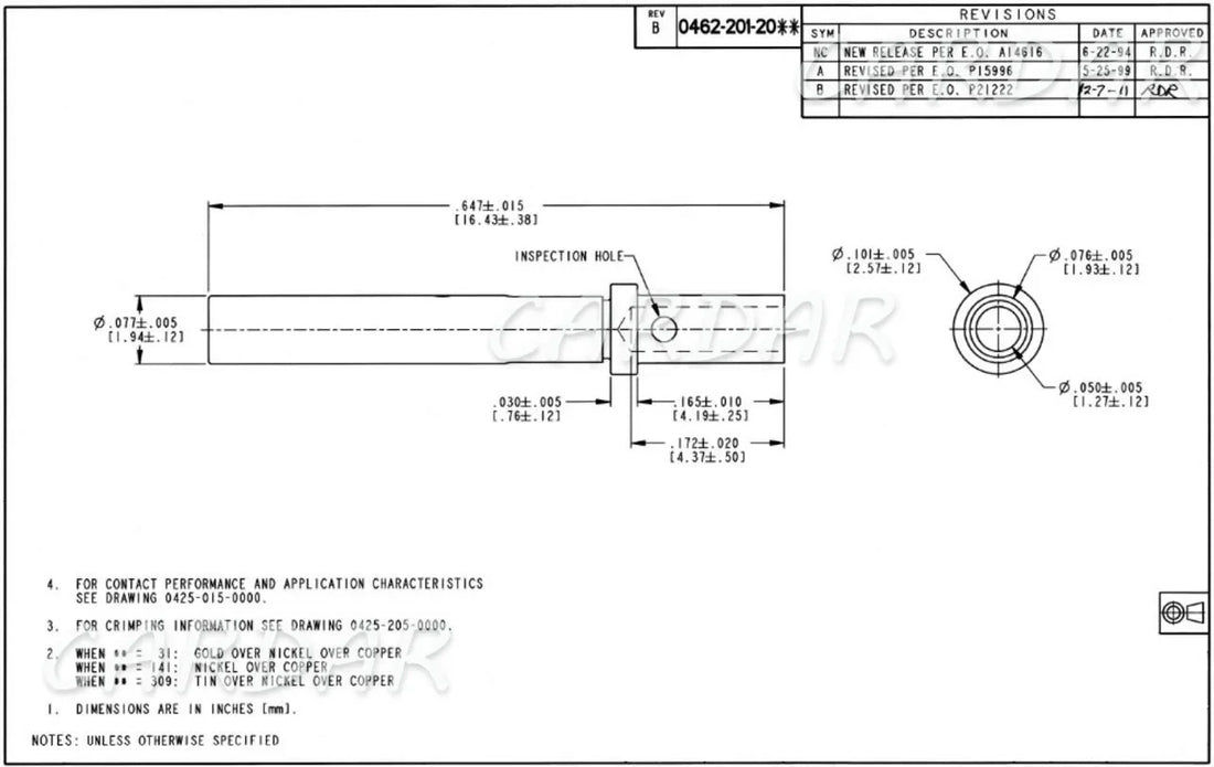 Deutsch DTM 0462-201-20141 0460-202-20141 0460-202-2031 0462-201-2031 Stainless Steel Solid Terminal Gold Plated 20AWG