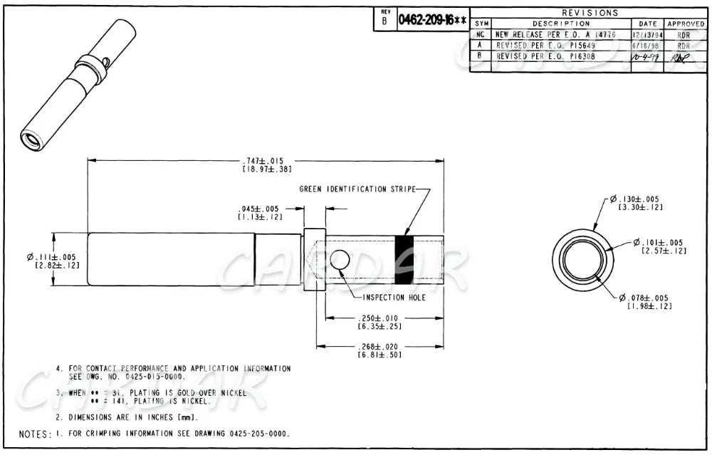 Deutsch DT Solid Pin 0462-201-16141 0460-215-16141 0460-202-1631 0460-215-1631 Stainless Steel Gold Plated Terminal